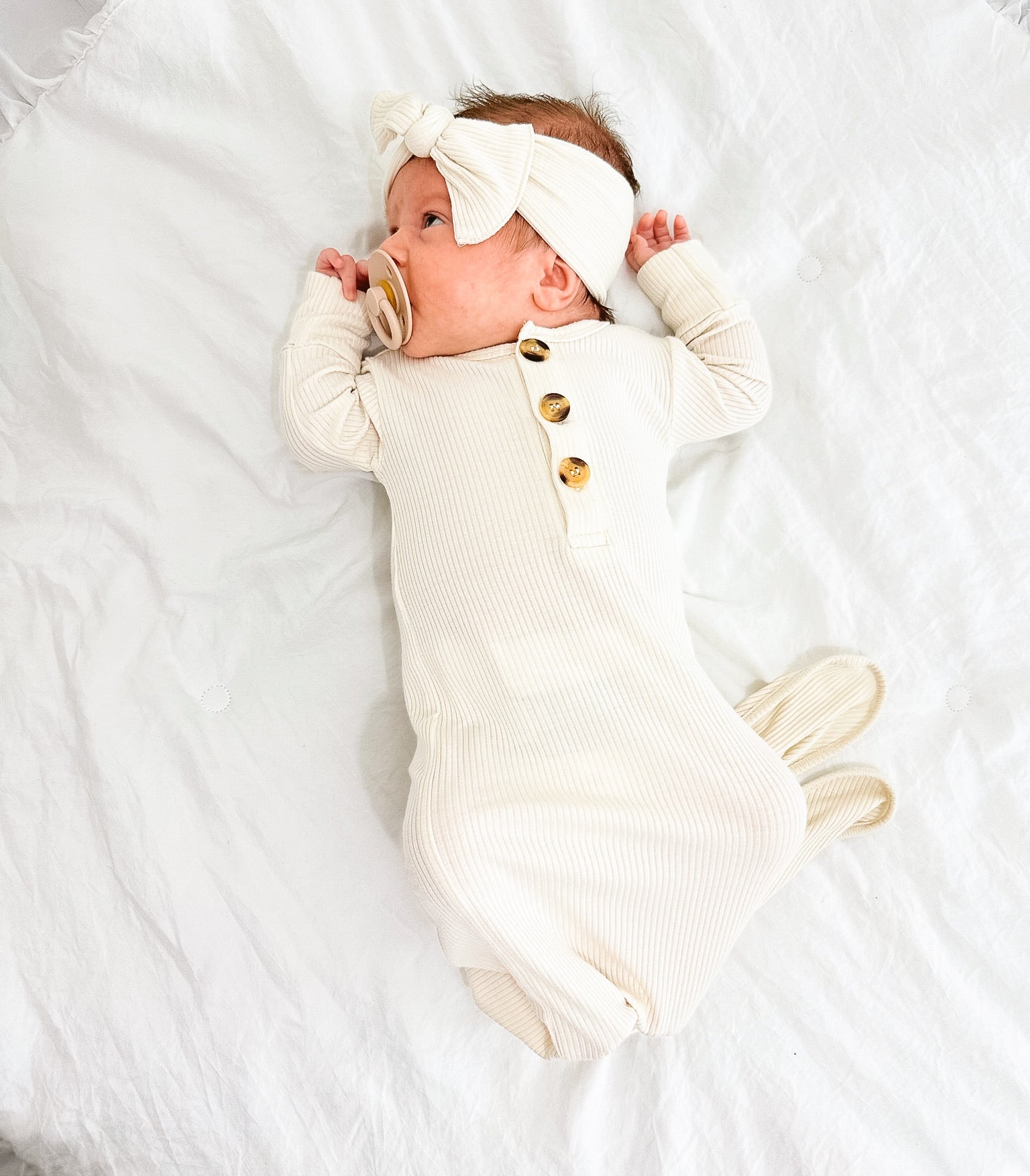 Ribbed Cream Welcome Baby Bundle Set: Blanket, Headband, Knotted Gown