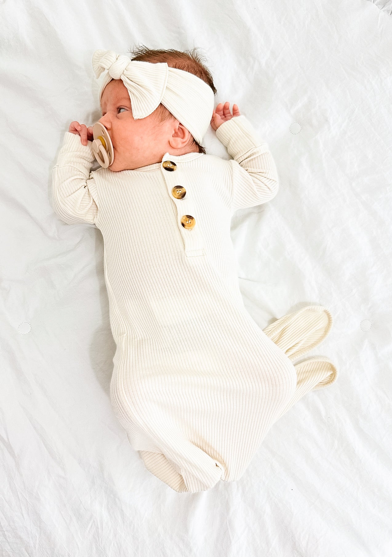 Ribbed Cream Welcome Baby Bundle Set: Blanket, Headband, Knotted Gown