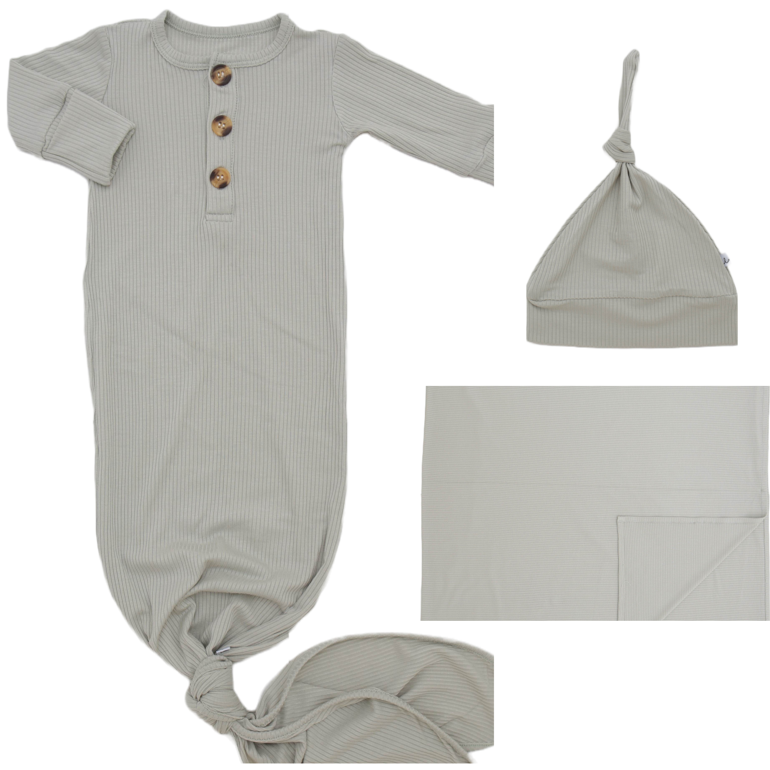 Ribbed Sage Welcome Baby Bundle Set: Blanket, Hat, Knotted Gown