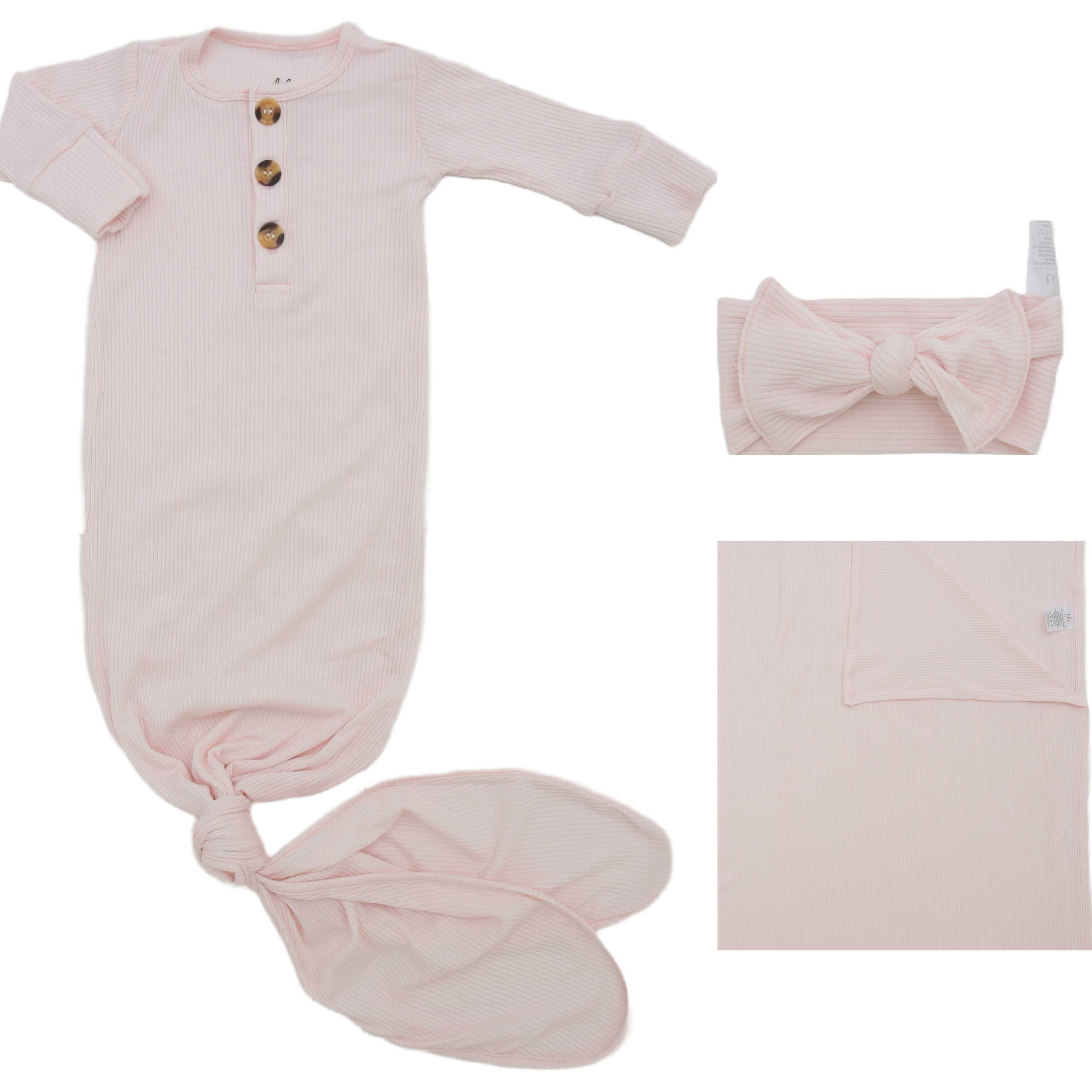 Ribbed Bubblegum Welcome Baby Bundle Set: Blanket, Headband, Knotted Gown