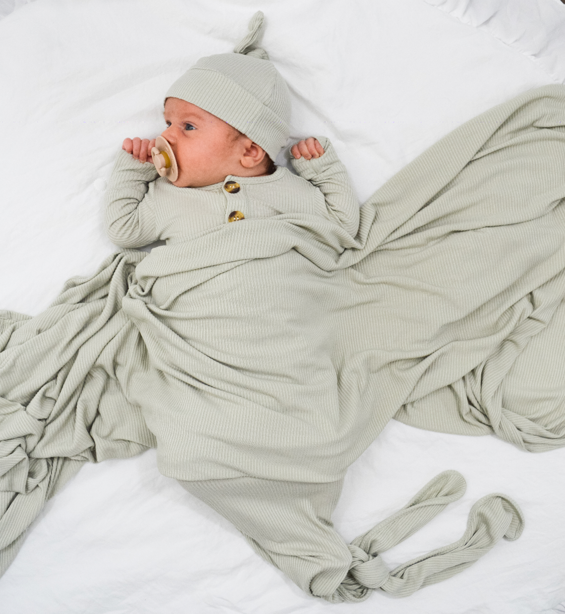 Ribbed Sage Welcome Baby Bundle Set: Blanket, Hat, Knotted Gown