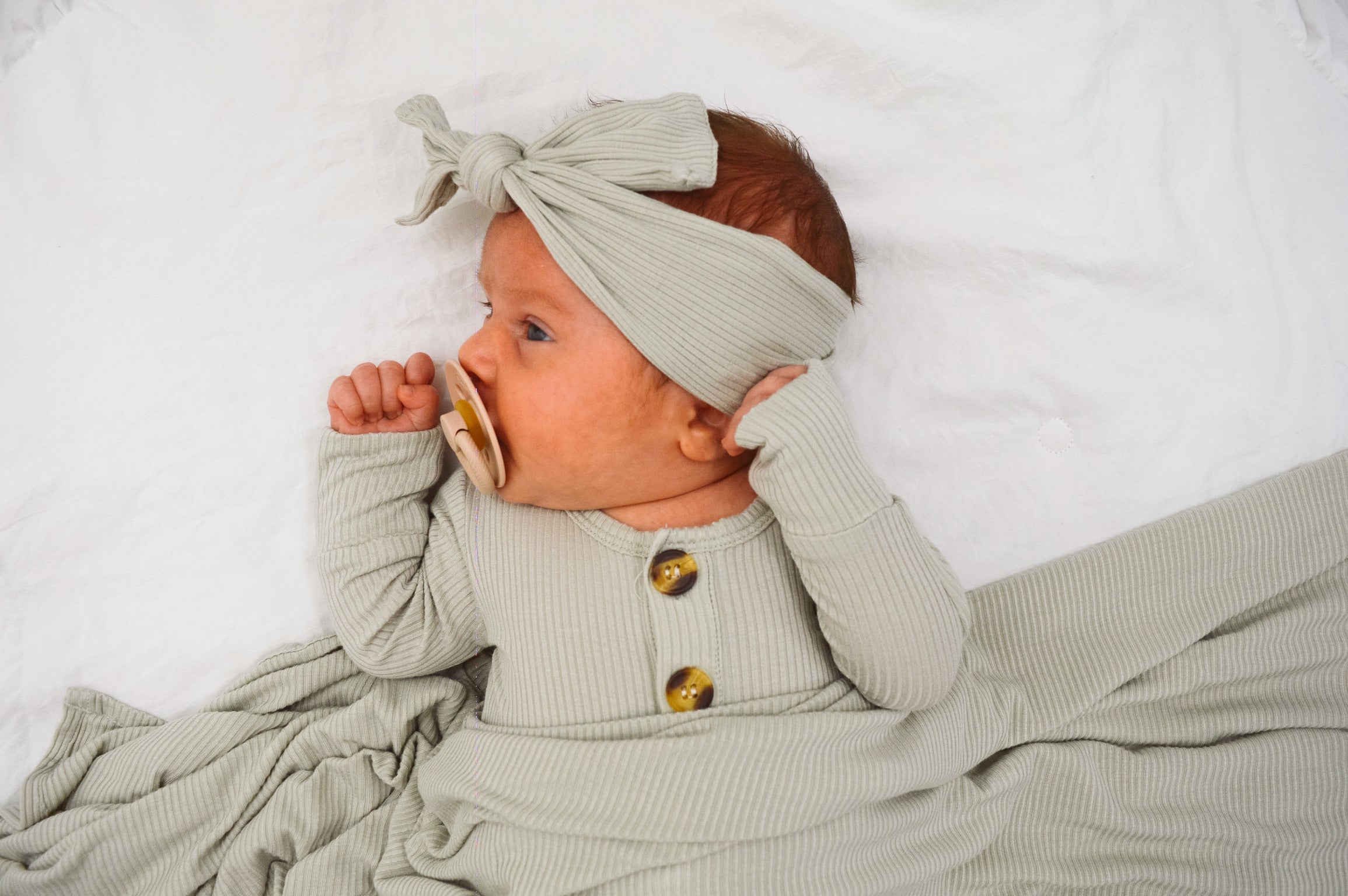 Ribbed Sage Welcome Baby Bundle Set: Blanket, Headband, Knotted Gown