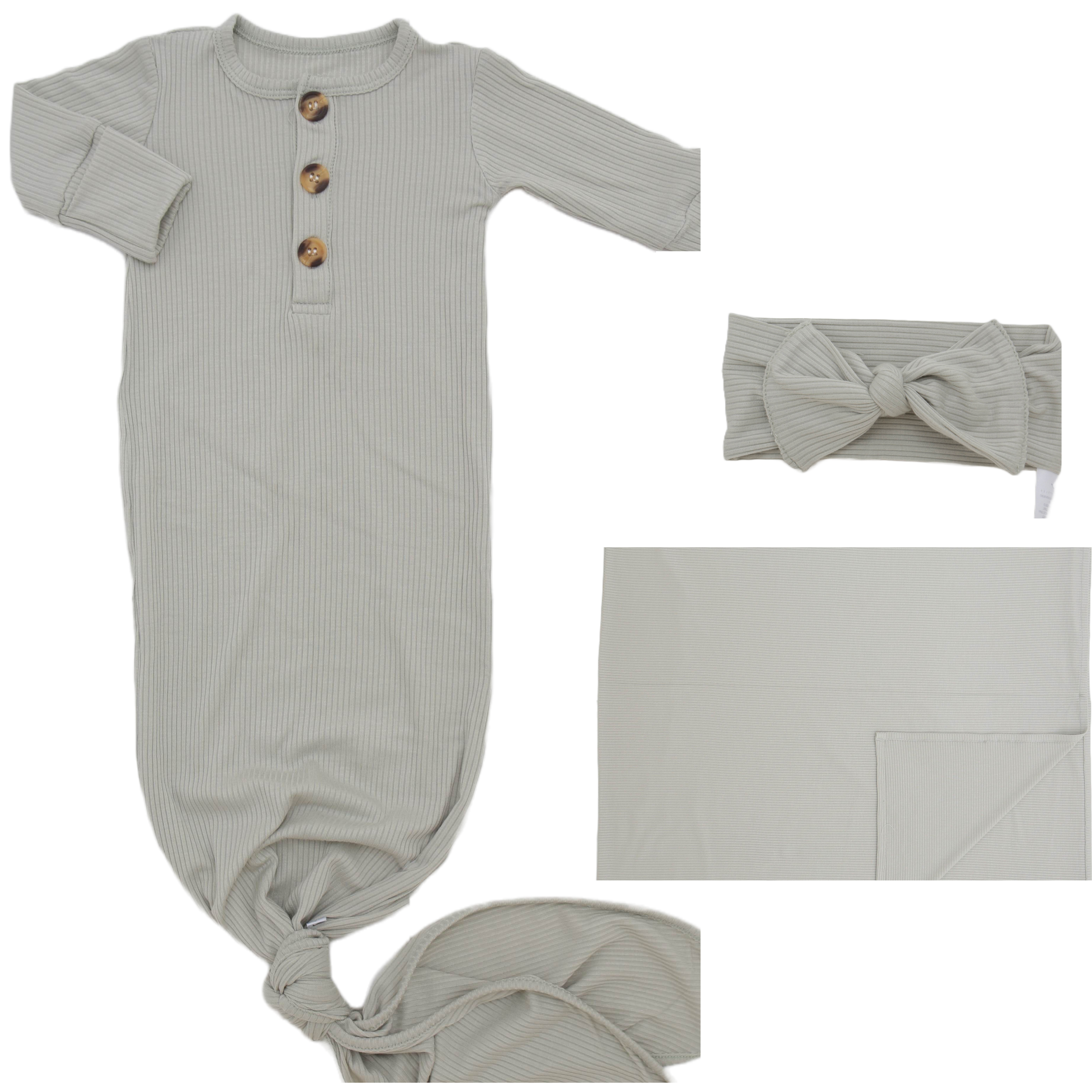 Ribbed Sage Welcome Baby Bundle Set: Blanket, Headband, Knotted Gown