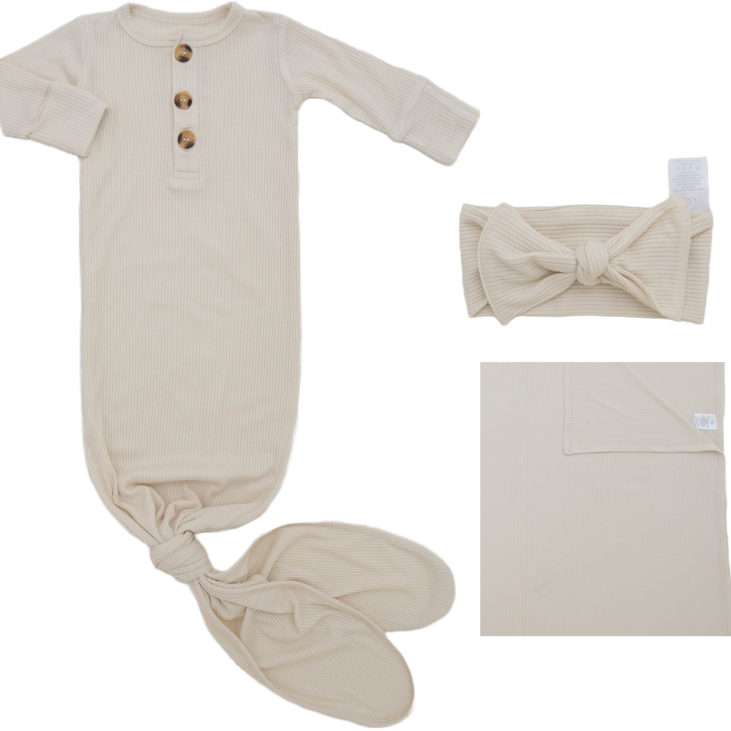 Ribbed Cream Welcome Baby Bundle Set: Blanket, Headband, Knotted Gown