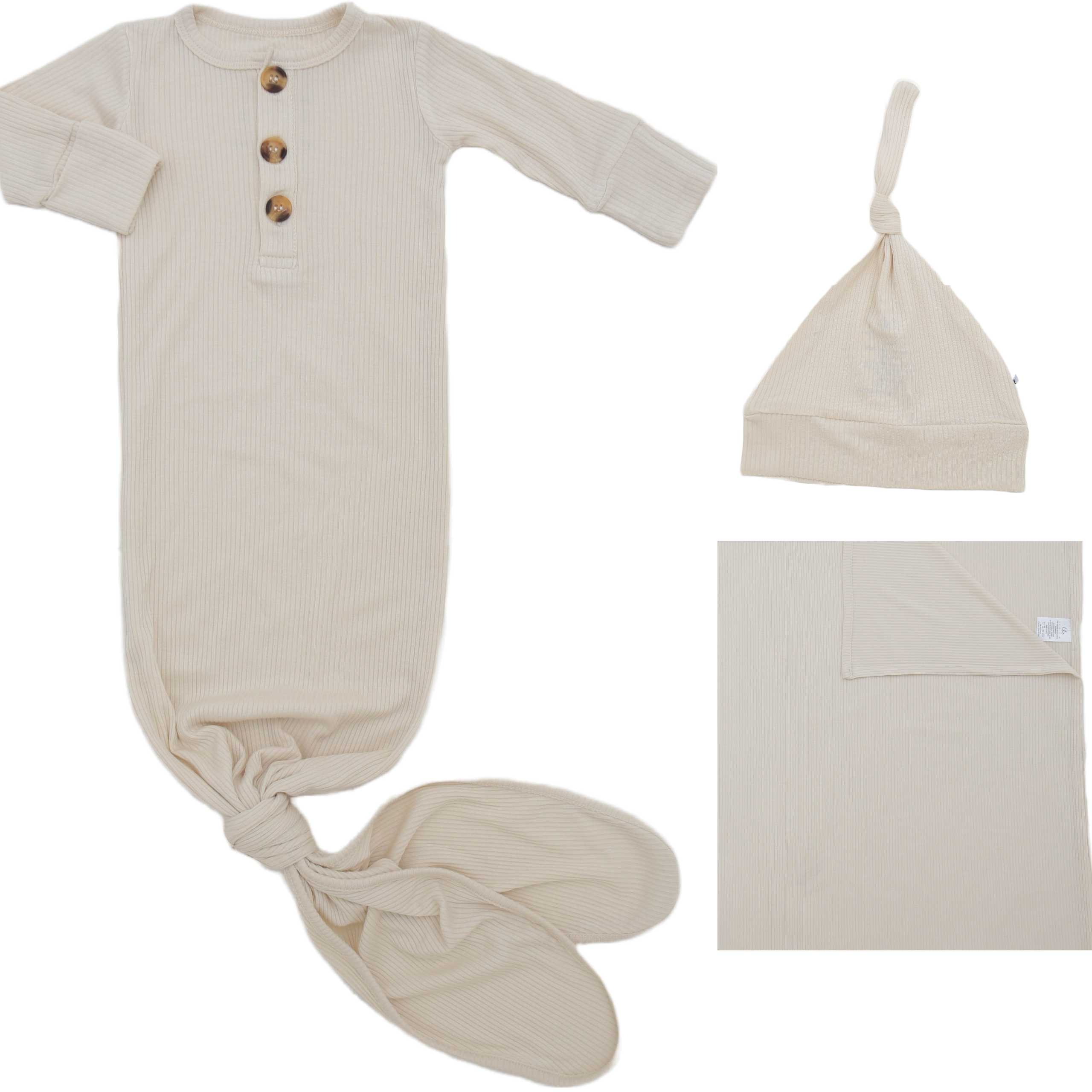 Ribbed Cream Welcome Baby Bundle Set: Blanket, Hat, Knotted Gown