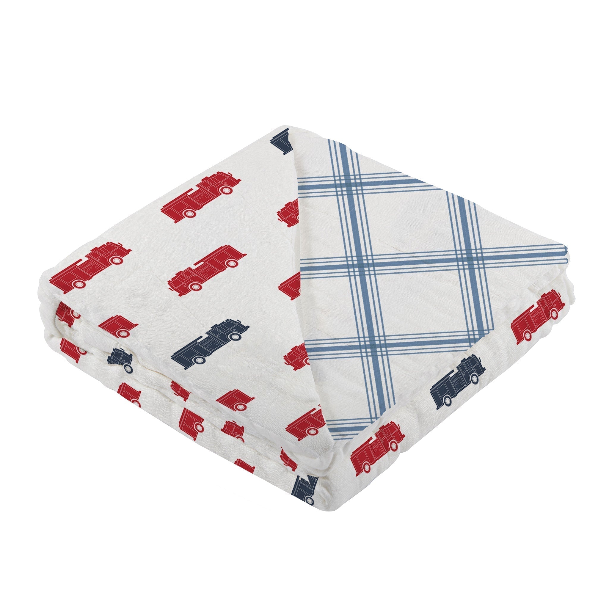 Blue and Red Fire Trucks and Buffalo Check Plaid Newcastle Blanket