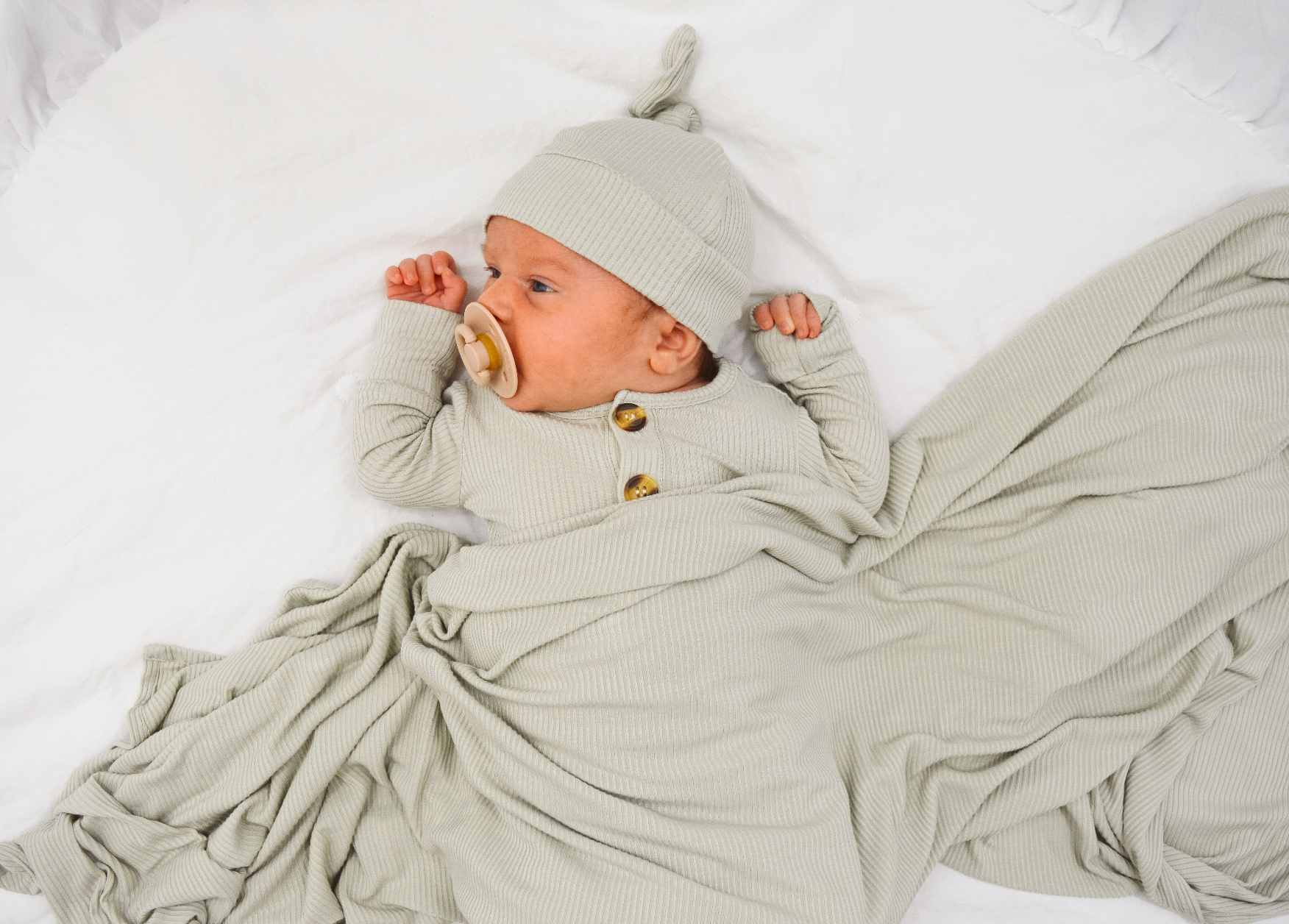 Ribbed Sage Welcome Baby Bundle Set: Blanket, Hat, Knotted Gown